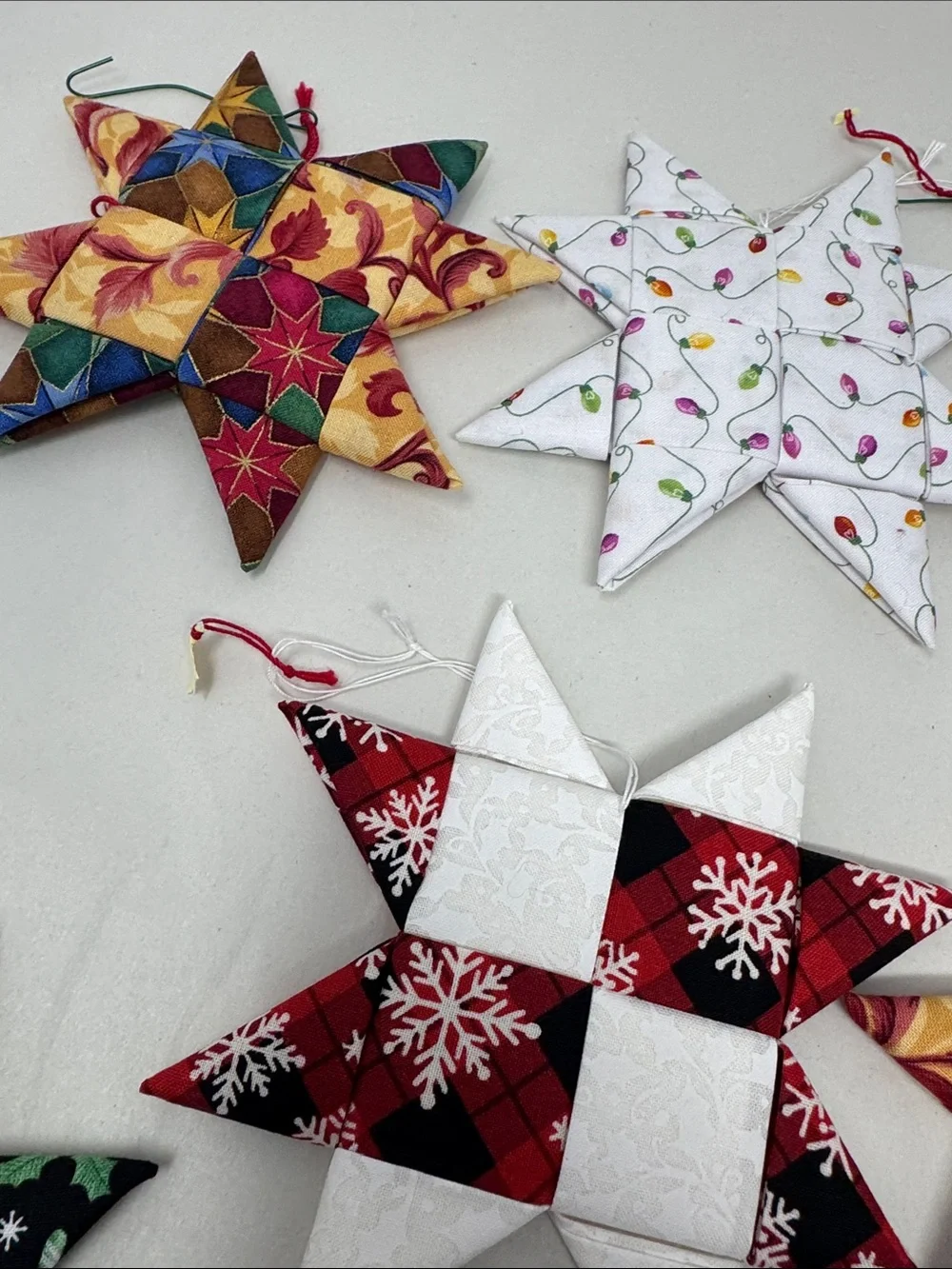 HANDMADE FOLDED FABRIC FOLDED STARS CHRISTMAS ORNAMENTS QUILT LOT OF 11 BOHO